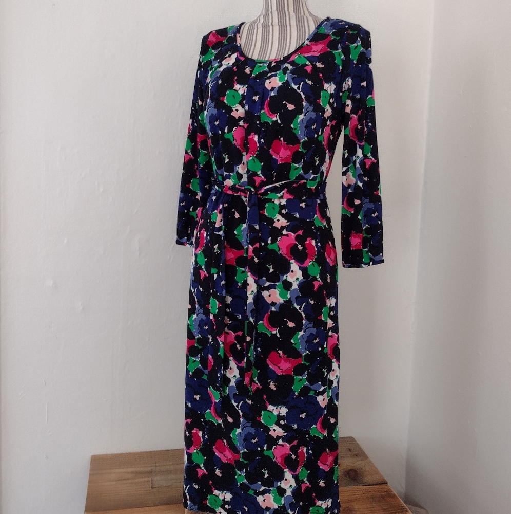 Talbots Black Multi Colored Print Midi Sheath Dre… - image 1